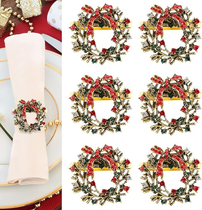KESOTE Christmas Napkin Rings Set of 6, Holiday Napkin Rings Christmas Wreath Napkin Holder Rings... | Amazon (US)