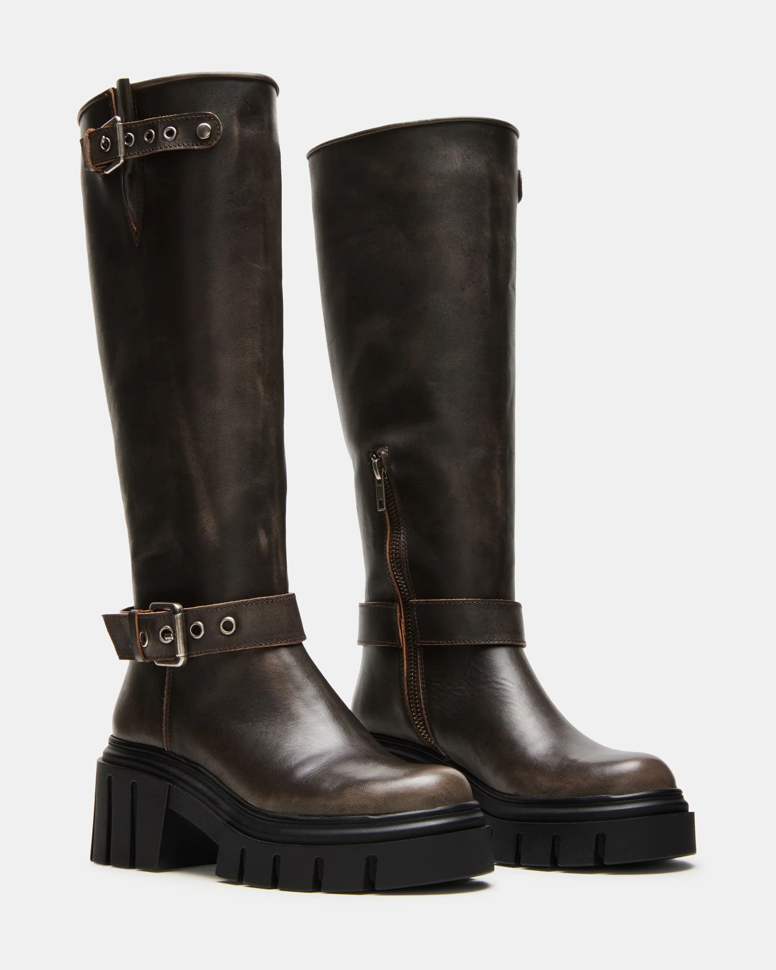 BRIGADE Brown Distressed Women's Knee-High Moto Lug Boot | Steve Madden (US)