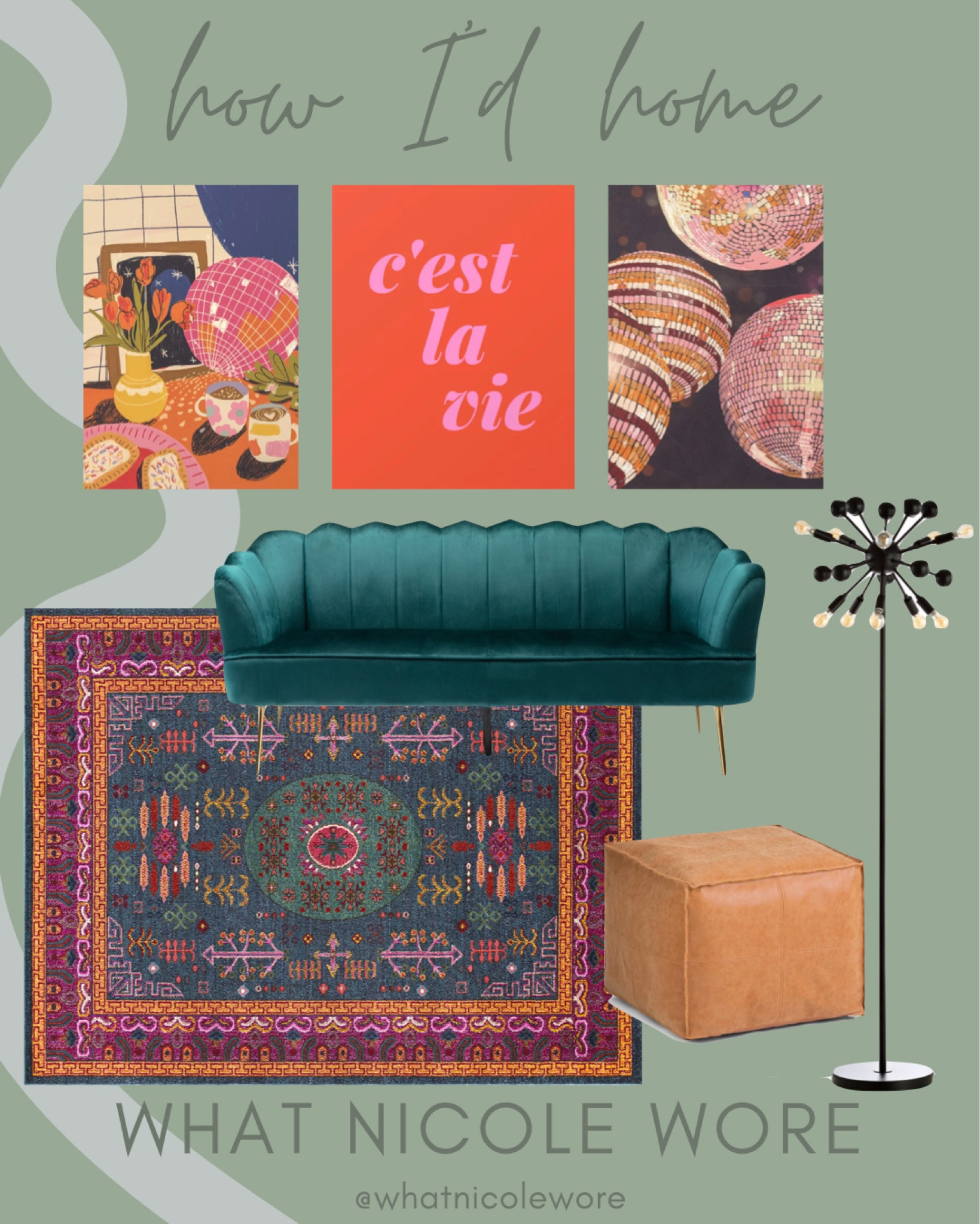 Mid century modern living room inspiration for a living room with a green velvet couch and a jewel tone area rug. // disco inspired framed art, art for above a couch, living room wall art, colorful wall art, midcentury modern floor lamp, faux leather ottoman

#LTKsalealert #LTKstyletip #LTKhome