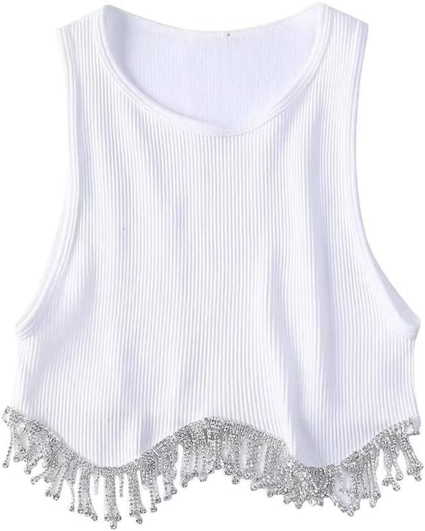 Women Rhinestone Fringe Crop Top Vest Crew Neck Going Out Tops | Amazon (US)