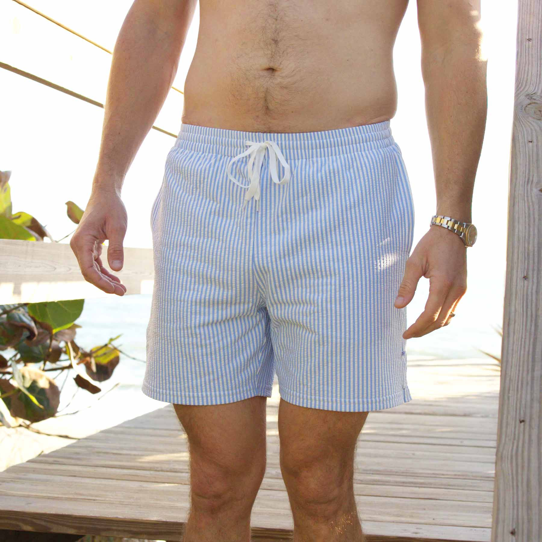 Men's Swim Trunks | Seersucker Blue | Caden Lane