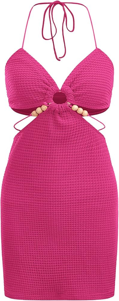 Verdusa Women's Casual Sleeveless Tie Backless Cut Out V Neck Bodycon Halter Mini Beach Boho Dres... | Amazon (US)