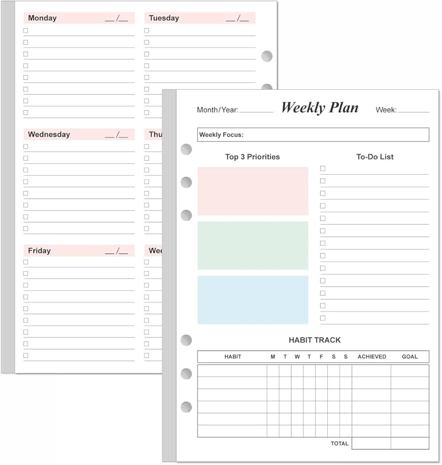 Weekly Planner Refills for A5 Binders - 53 Sheets/106 Pages Undated Colorful Weekly Planner, 6-Ho... | Amazon (US)