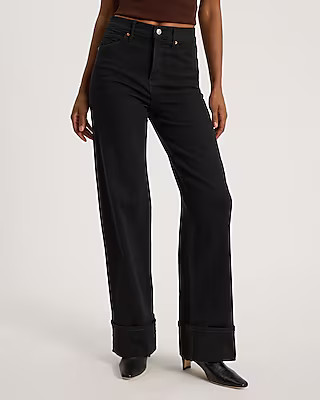 High Waisted Stay Black Cuffed Hem Wide Leg Jeans | Express