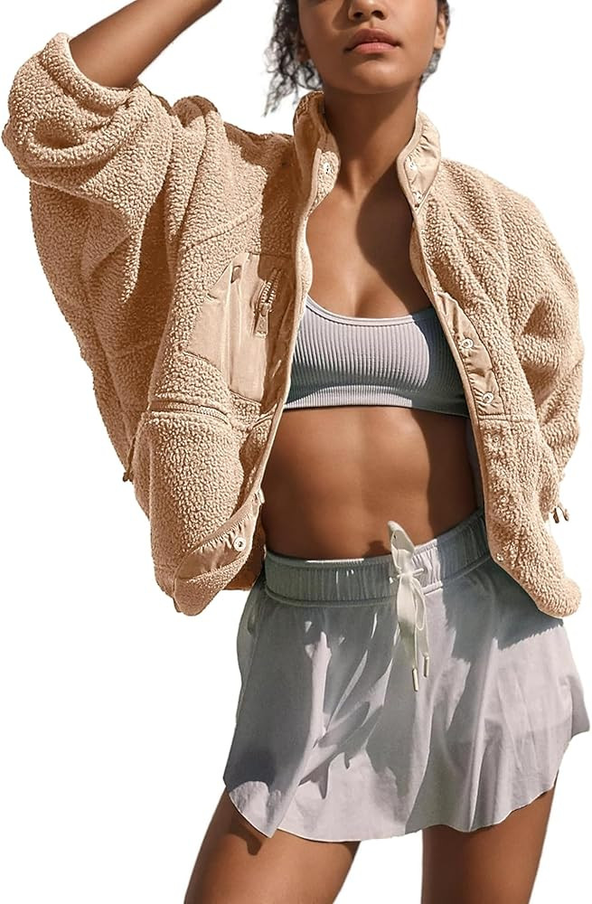 Omoone Women's Cropped Fleece Jacket Faux Fur Sherpa Coat Jackets Winter Outwear | Amazon (US)