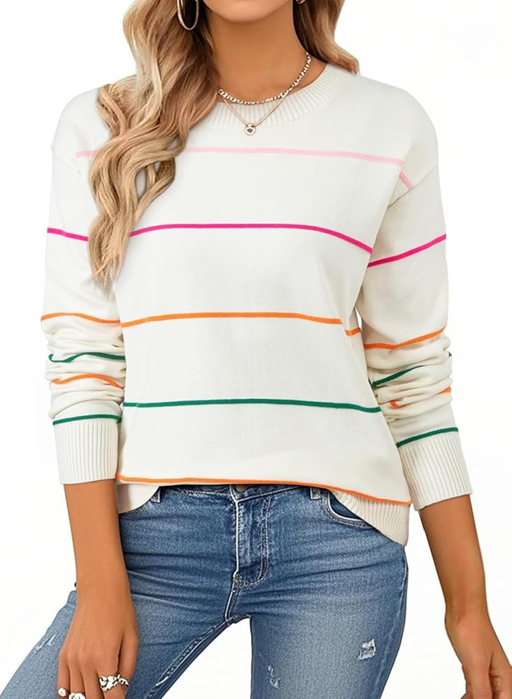 SHEWIN Womens Sweaters Crew Neck Knit Long Sleeve Striped Sweater Fall Outfits for Women 2025 | Amazon (US)