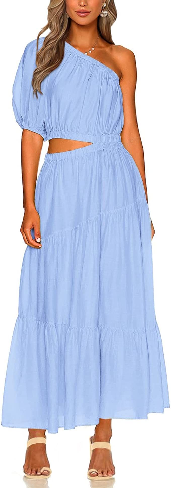 BTFBM Women Boho One Shoulder Maxi Dress Short Sleeve Cutout Elastic Waist Long Flowy Cocktail Pa... | Amazon (US)