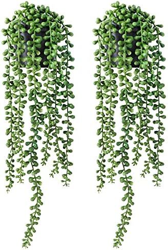 FUNARTY 2pcs Fake Hanging Plants, Artificial Succulent Plants String of Pearls with Planter, Faux Pl | Amazon (US)