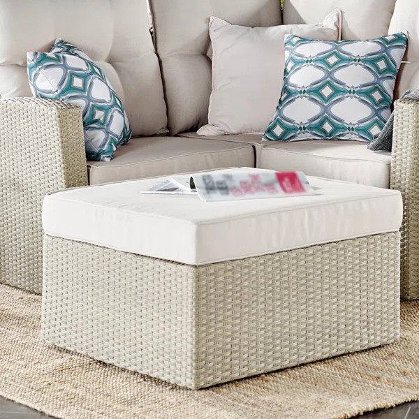 Pangkal Pinang 26"W All-Weather Wicker Outdoor Square Ottoman With Cushions | Wayfair North America