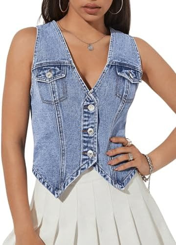 GORGLITTER Women's Denim Vest Top Sleeveless Jean Vest Crop Denim Tank Top Flap Pocket Button Fro... | Amazon (US)