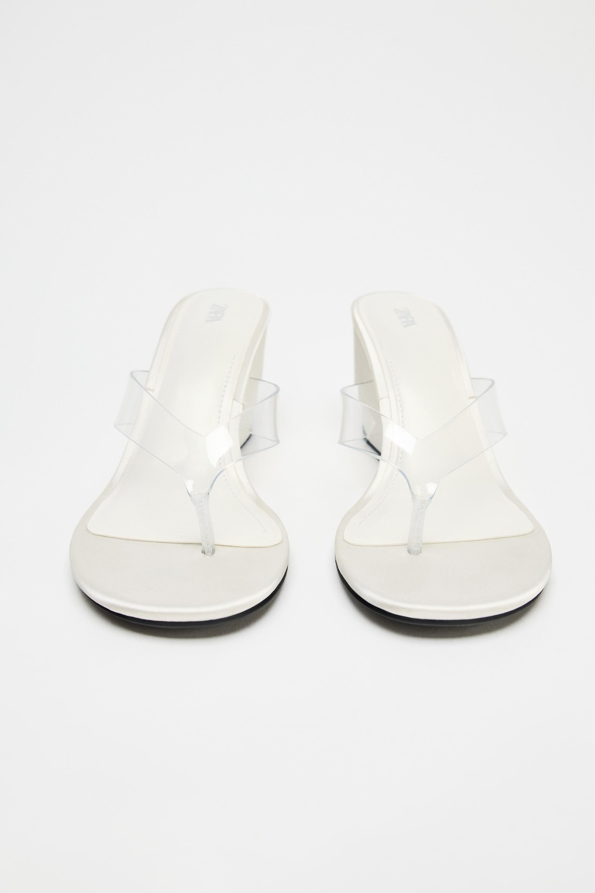 Vinyl strappy sandals. Toe strap. Satin wedge heel. Round toe.Heel height: 3 inches (7.5 cm) | Zara US