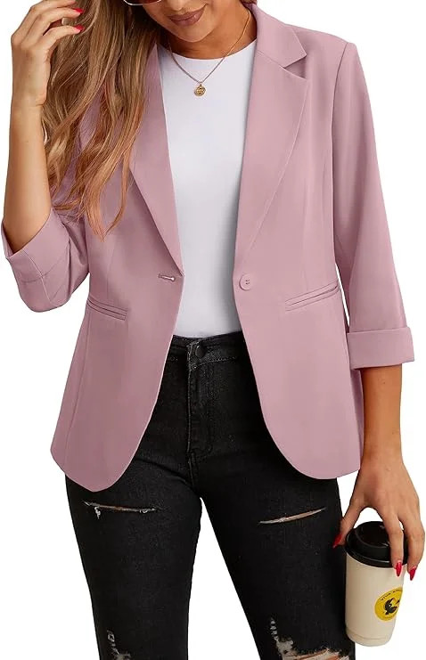 JWD Women's Casual 3/4 Ruched Sleeve Blazer - Slim Fit Open Front Notched Lapel Work Office Suit ... | Walmart (US)