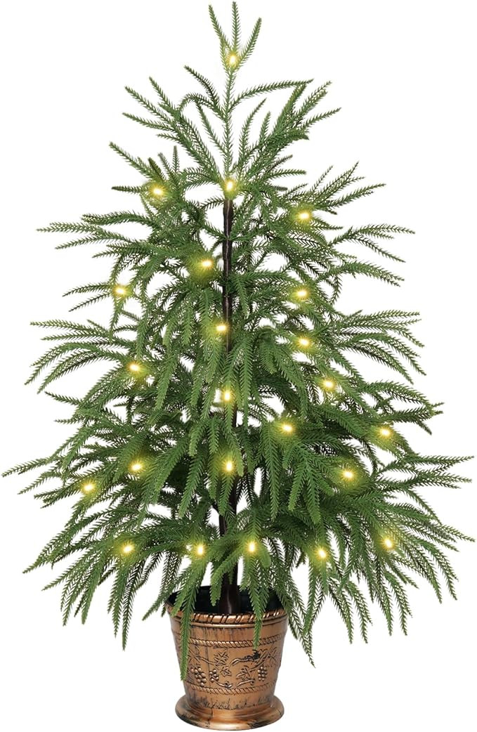 XmasExp 3ft Norfolk Pine Tree with Lights Artificial Faux Potted Christmas Tree for Front Porch I... | Amazon (US)