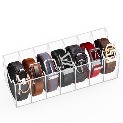 Acrylic Belt Organizer for Closet,Belt Holder for Drawer,Belt Rack Storage Organizer For Men,Clear Tie Organizer Holder Rack Wall Mount with 7 Compartments for Bow Cosmetics Bracelets Jewelry | Amazon (US)