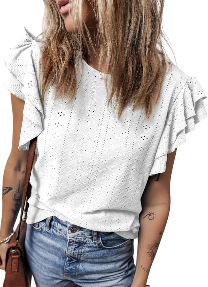 Dokotoo Womens Summer Tops Round Neck Ruffle Sleeve Eyelet Shirts Babydoll Blouses | Amazon (US)