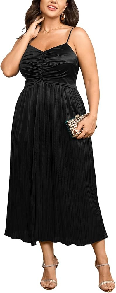 SCOMCHIC Women's Plus Size Dress Pleated V Neck Sleeveless Spaghetti Strap A Line Cocktail Party ... | Amazon (US)