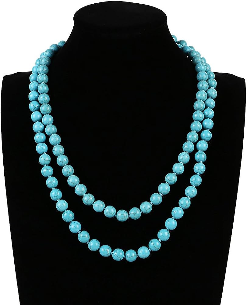 Fuqimanman2020 Long Turquoise Beaded Strand Necklace Endless Round Beads Multi Layer Heart Yoga M... | Amazon (US)