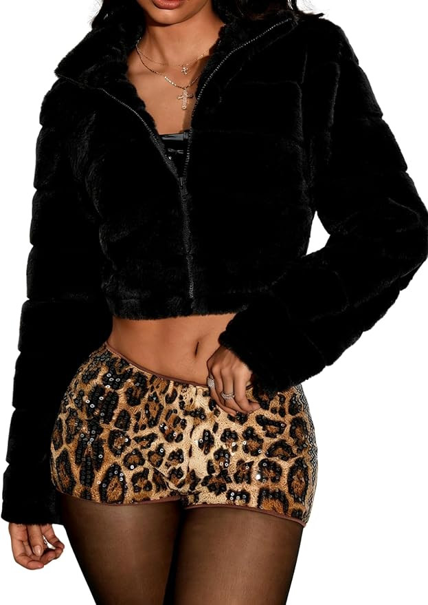 Verdusa Women's Fur Jacket Faux Crop Coat Flannel Fuzzy Crop Coat Long Sleeve Outerwear Winter Cl... | Amazon (US)