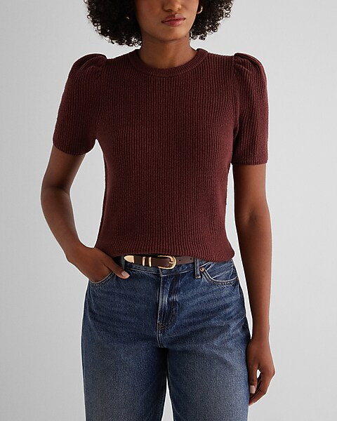 Ribbed Crew Neck Puff Sleeve Sweater | Express