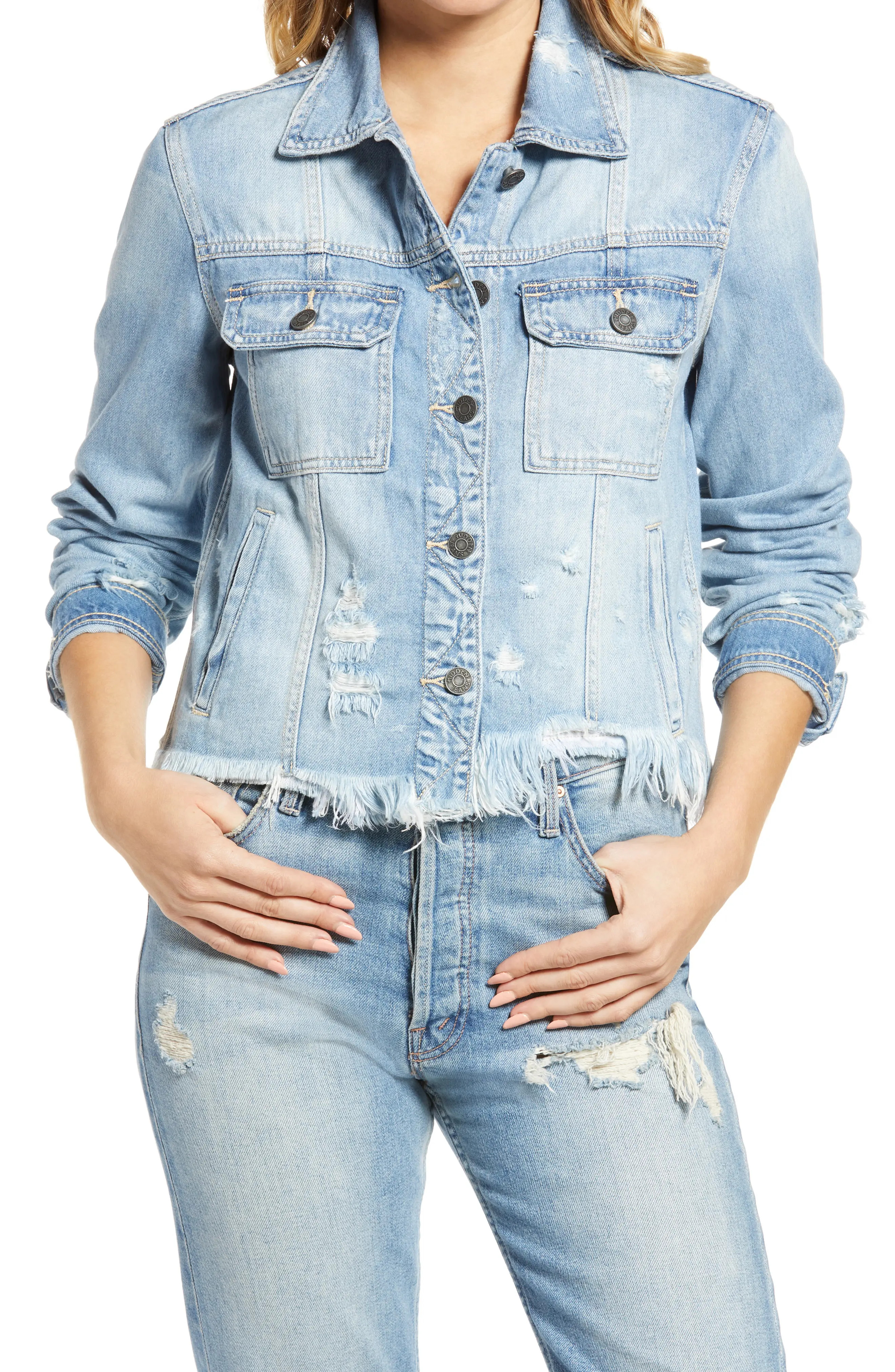Women's Hidden Jeans Frayed Hem Denim Jacket, Size X-Small - Blue | Nordstrom