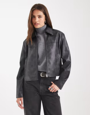 ASOS DESIGN leather look top collar jacket in washed black | ASOS (Global)
