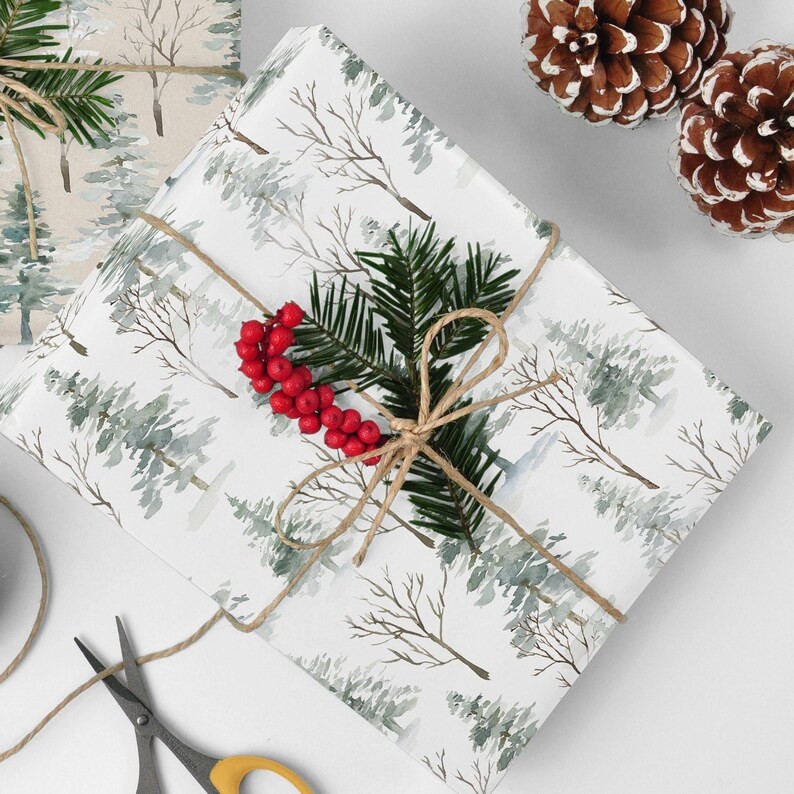 Christmas Wrapping Paper, Watercolor Woodland Trees Wrapping Paper Sheets, Wrapping Paper Roll, 5... | Etsy (US)