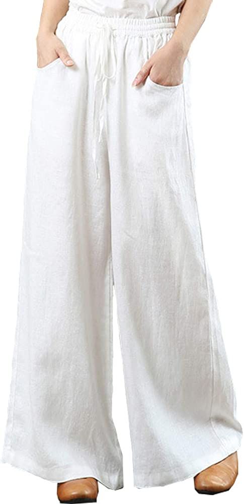 Hongsui Women's Cotton Linen Palazzo Pants Drawstring Waist Wide Leg Loose Trousers with Pockets | Amazon (US)