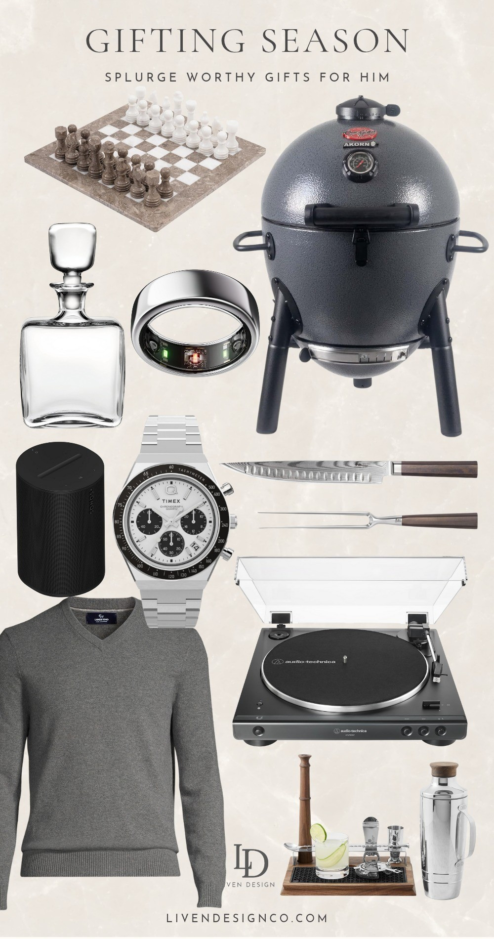 Gift guide for him. Gift for men. Dad. Brother. Boyfriend. Son. Grill gift. Men Gift ideas. Marble chess set. Splurge worthy. Decanter. Knive set. Watch. Sonos speaker. Record player. Barware. Oura ring

#LTKGiftGuide #LTKHoliday #LTKMens