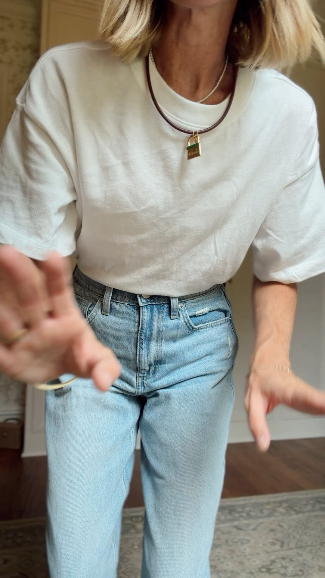Wearing the medium on accident in the tee. Would just do a small! 
2 in barrel jeans Xs