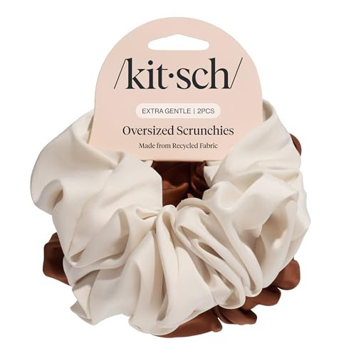 Kitsch Recycled Satin Oversized Scrunchies – Large Hair Scrunchies for Women, Eco-Friendly Hair Ties & Ponytail Holders | Ideal Gifts for Women - Camel & Cream, 2pc Set | Amazon (US)