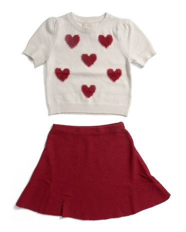Girls 2pc Short Sleeve Heart Sweater And Skirt Set With Hair Clip | TJ Maxx