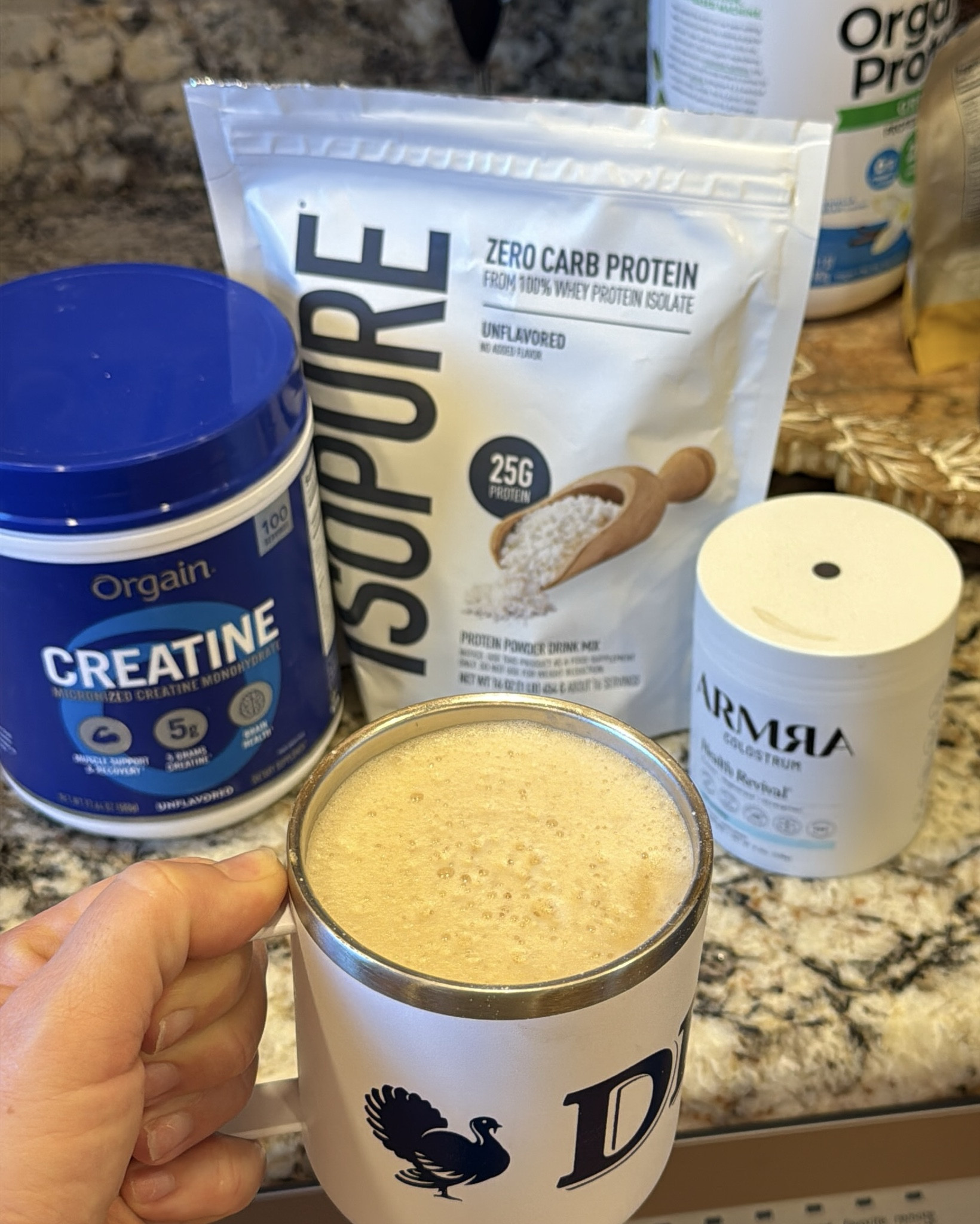 My morning go-tos. It’s how I get protein, creatine and colostrum. The most delicious coffee! #coffee #protein #wellnessjourney 

#LTKdayinmylife #LTKmorningroutine #LTKfitnessgoals