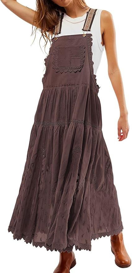Women's Casual Lace Embroidered Maxi Dress Adjustable Strap Pleated Tiered Swing Long Dress with ... | Amazon (US)