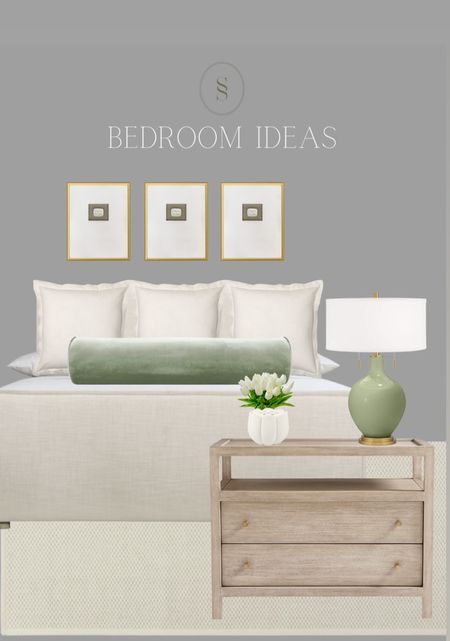Master bedroom nightstands, upholstered bed, green table lamps, faux tulips, framed intaglios, creamy white wool rug, and target euro pillows 

#LTKhome #LTKFind #LTKstyletip