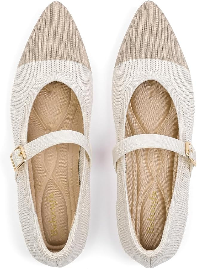 Women's Pointed Toe Knit Mary Jane Ballet Flats for Office Casual Wear Stretchy Dressy Slip-On Sh... | Amazon (US)