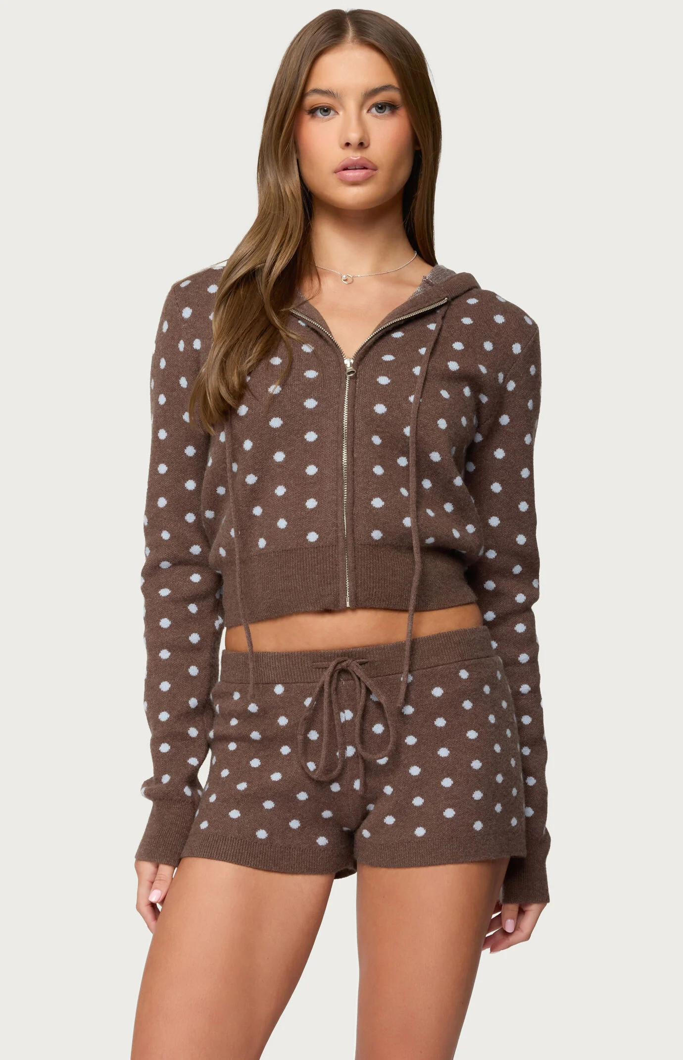 Edikted Women's Kenny Polka Dot Knit Zip Up Hooded Cardigan in Brown - Size XS | PacSun