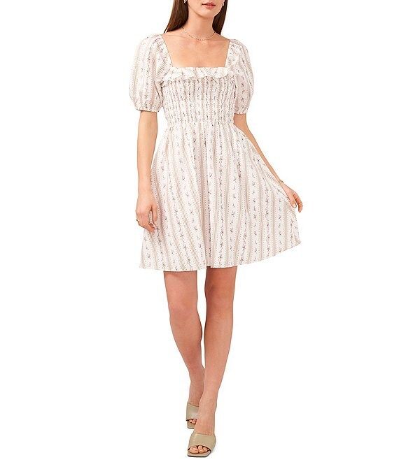 Floral Stripe Print Square Neck Short Puff Sleeve Dress | Dillard's
