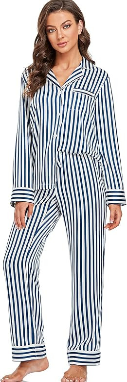 Serenedelicacy Women's Satin Pajama Set Long Sleeve Button Down Sleepwear 2-Piece Striped Silky P... | Amazon (US)