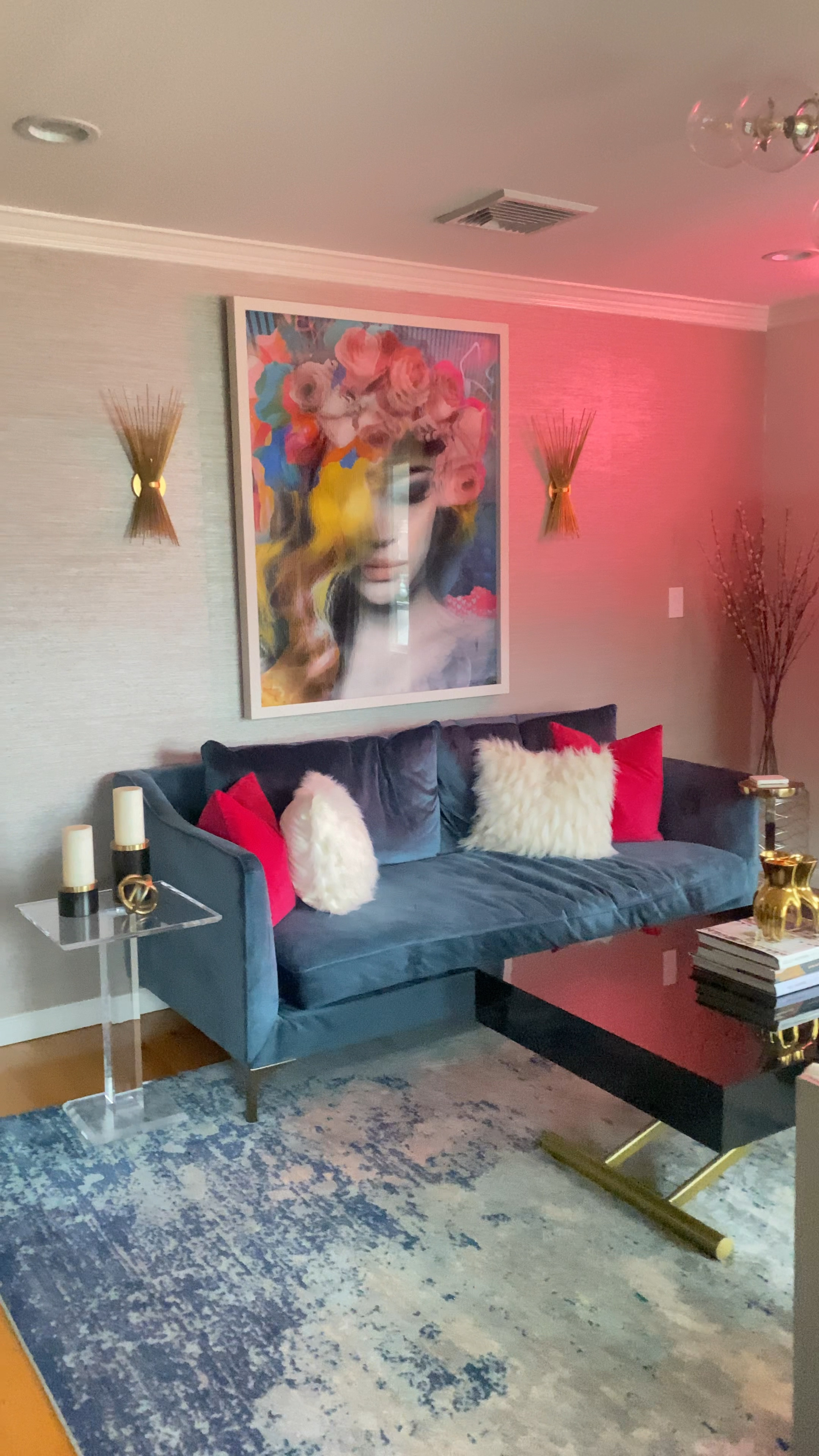 Sitting room/ living room is all clean and ready for the new year 20204!! Navy velvet couch, neon sign, gold sconce, grasscloth wallpaper, black coffee table, abstract area rug, ivory accent chair, marble side table, black bar cabinet, silver grey curtains, Benjamin Moore classic grey paint, simply white trimm

#LTKVideo #LTKhome #LTKstyletip