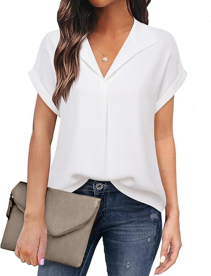Timeson Women's Short Sleeve Chiffon Blouses for Office Work Business Attire Collared Shirts | Amazon (US)