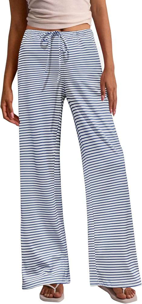 Zwurew Women’s Striped Pants Wide Leg Ribbed Knit Drawstring Elastic Lounge Pants Sweatpants wi... | Amazon (US)