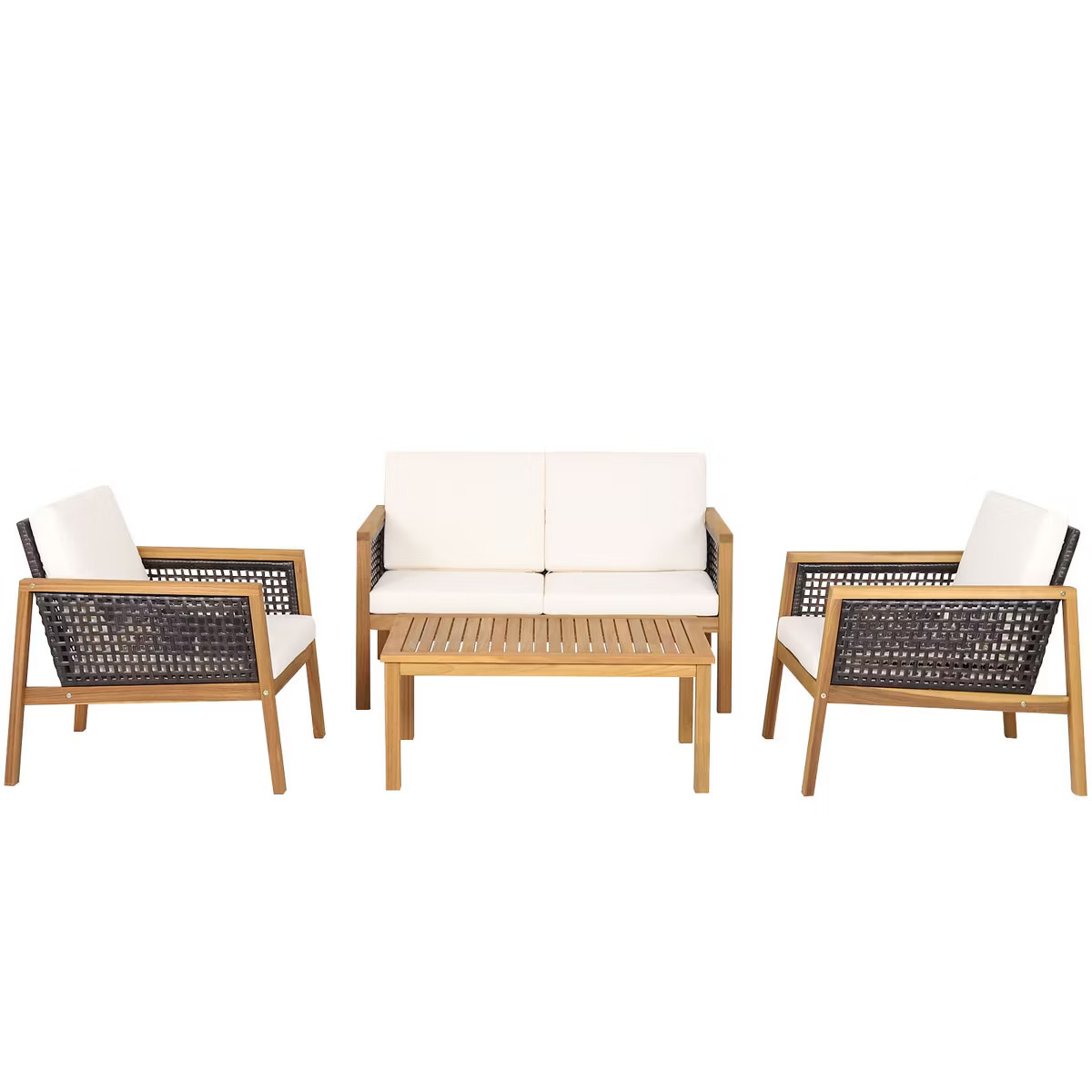Tangkula 4PCS Patio Acacia Wood Furniture Set PE Rattan Conversation Set w/ Off White Cushions | Target