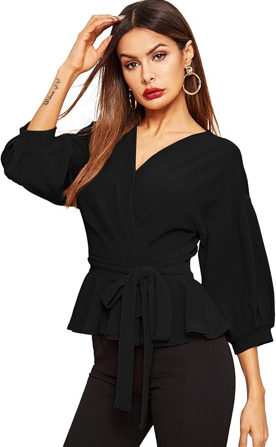SheIn Women's Lantern 3/4 Sleeve V Neck Ruffle Blouse Tie Waist Wrap Peplum Top | Amazon (US)