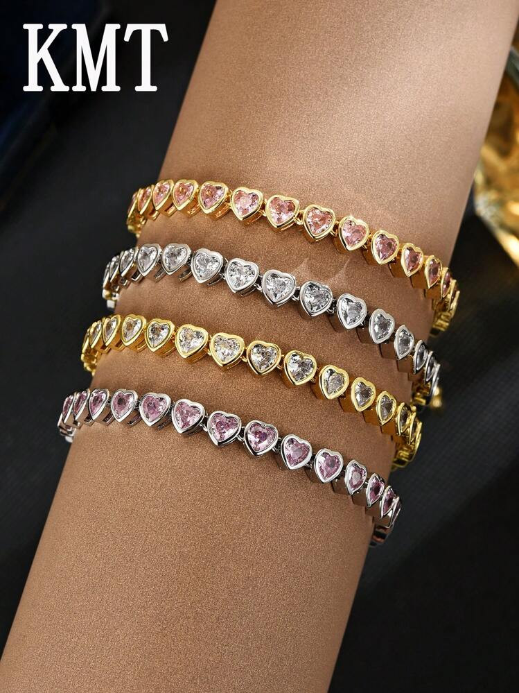 KMT 1pc Luxurious Copper Zirconia Inlaid Heart-Shaped Link Tennis Bracelet With Gift Box, Fashion... | SHEIN
