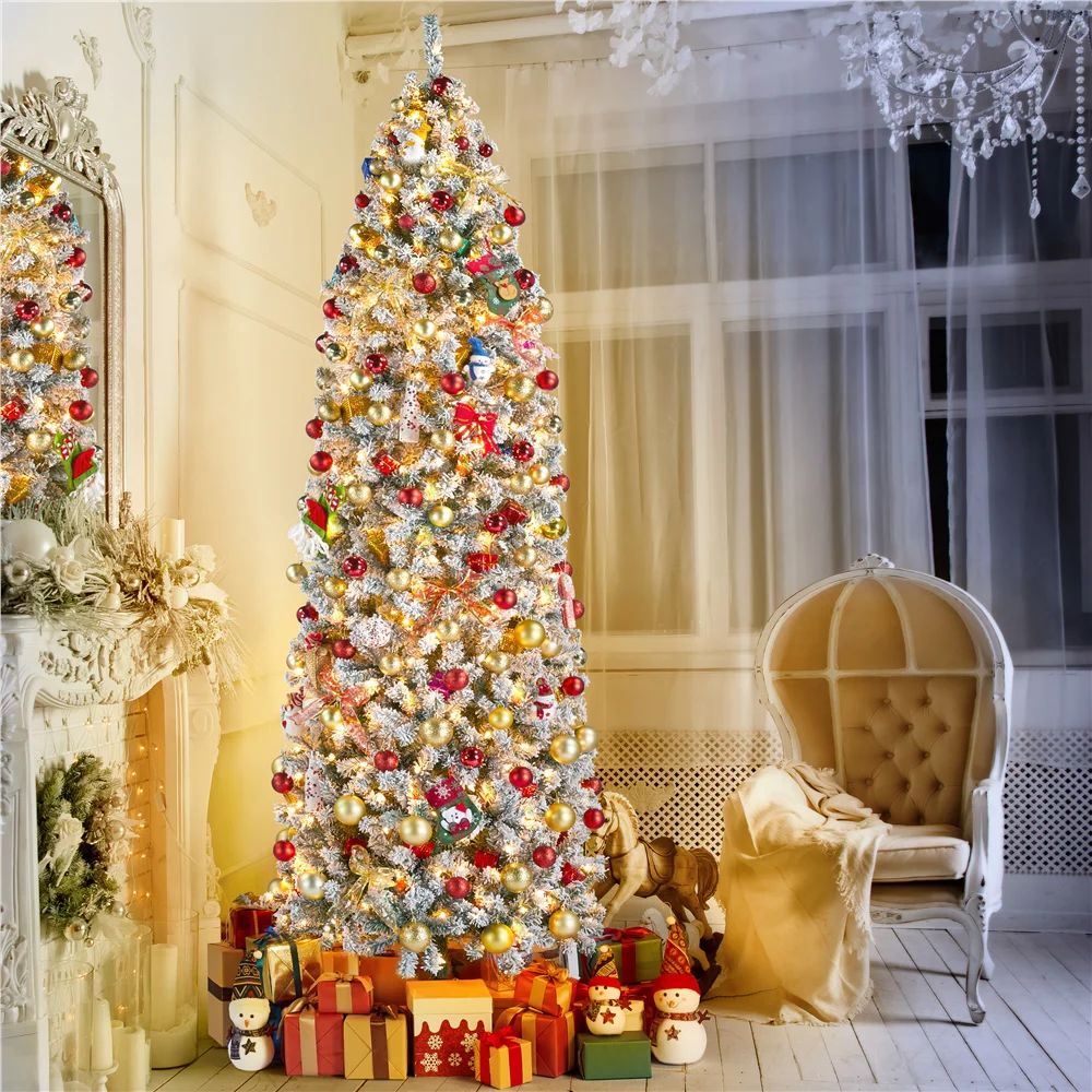 SmileMart 9 Ft Prelit Flocked Pencil Artificial Christmas Tree Holiday Decoration Tree with Folda... | Walmart (US)