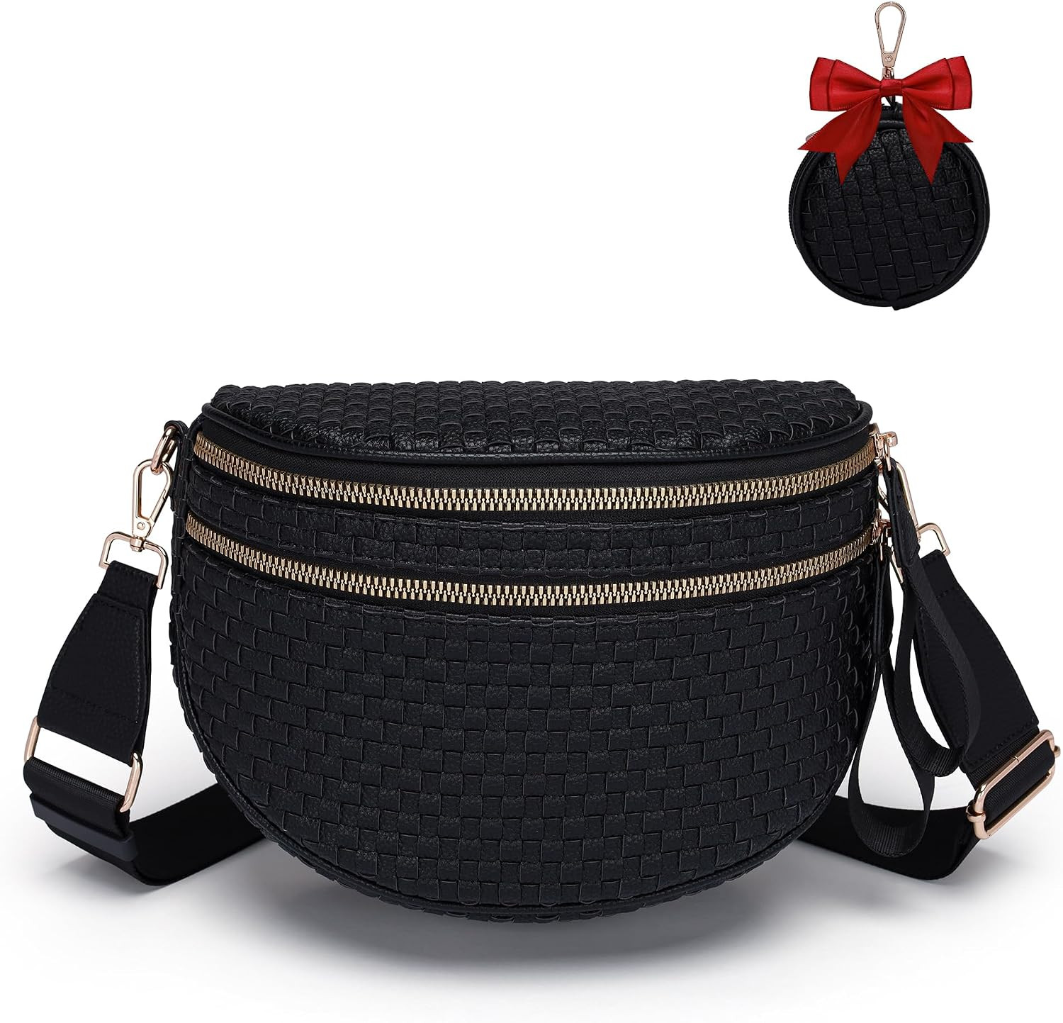Woven Leather Crossbody Bum Bag for Women Checkered Douler Zip Fanny Pack Sling Bag for Travel Festival Black | Amazon (US)