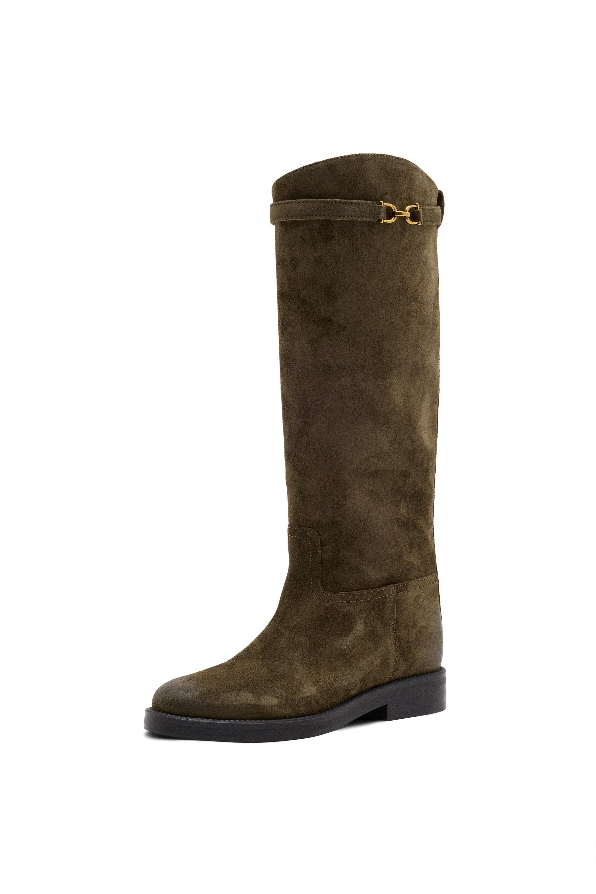 Oiled split suede riding boots - KHAKI | Massimo Dutti UK