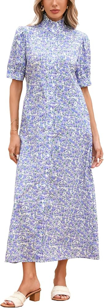 Women's Floral Button Down Shirt Midi Dress Casual Puff Sleeve Ruffle Collar Dress Summer Beach P... | Amazon (US)