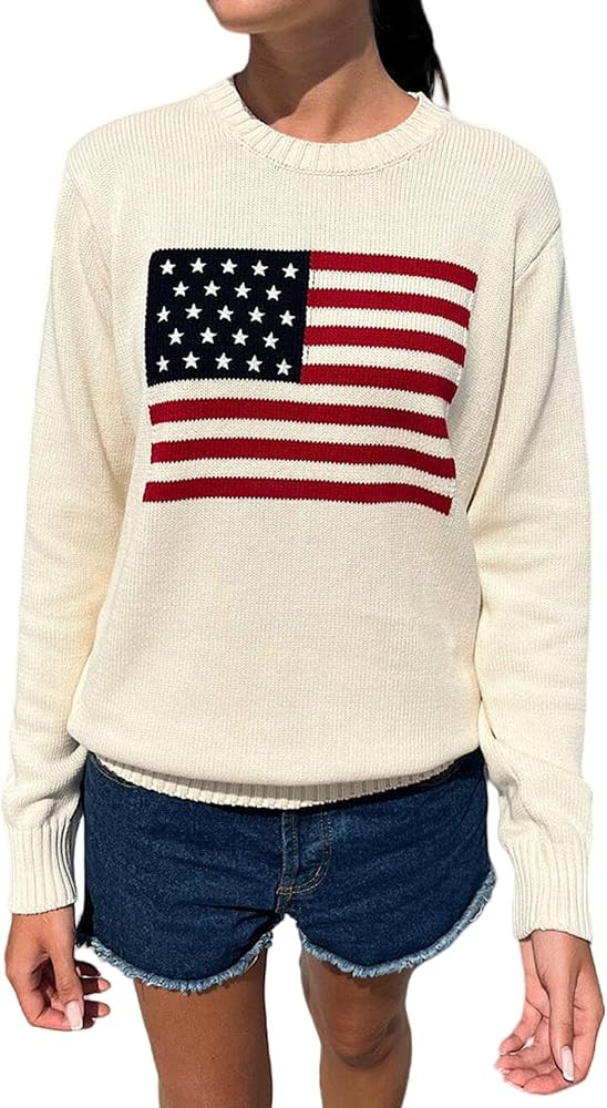 Adoeren Women American Flag Sweater Vintage Long Sleeve Crewneck Knitted Jumper Oversized Aesthet... | Amazon (US)
