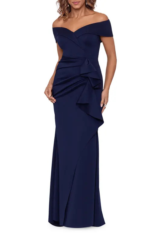 Xscape Evenings Off the Shoulder Ruffle Scuba Crepe Gown in Midnight at Nordstrom, Size 6 | Nordstrom